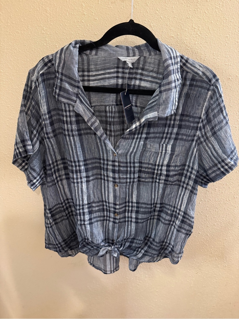 Lucky Brand Navy and Light Blue Plaid Tie-Front Button Down Shirt